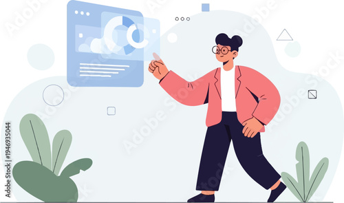 Person interacting with digital data analysis on screen