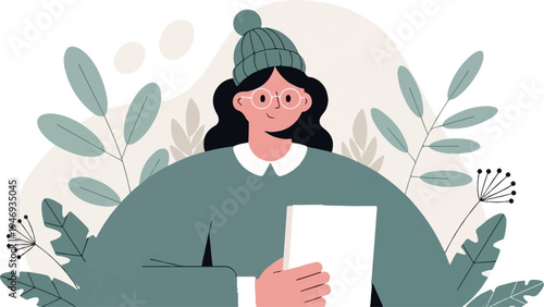 A woman in a beanie and glasses holds a white document amidst stylized foliage and abstract shapes