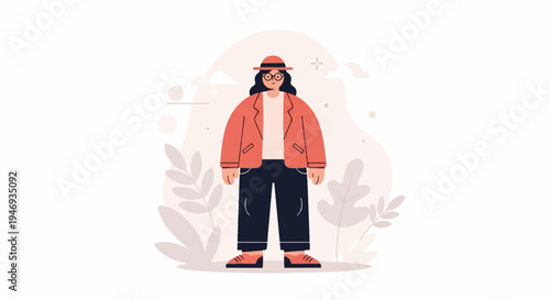 Flat illustration of a person in a coral jacket, dark pants, and hat