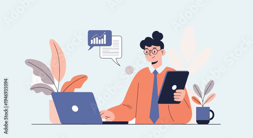 Person working on laptop with tablet and plants