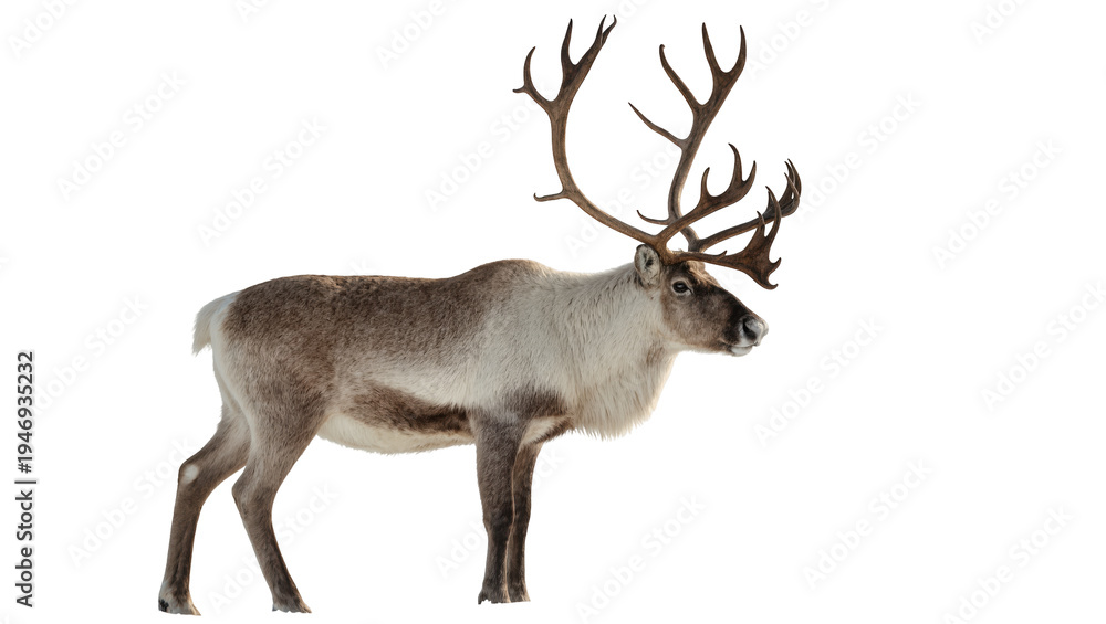 Obraz premium Isolated magnificent reindeer with majestic antlers standing gracefully, full body side view