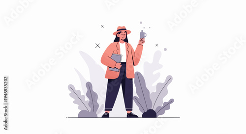 Stylish person holding a tablet and a cup, with abstract foliage