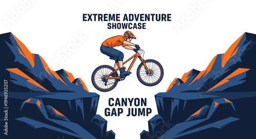 Extreme Mountain Biking Adventure Showcase Featuring Canyon Gap Jump Illustration