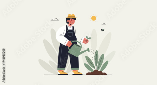 A person in overalls and a hat waters a small plant under a bright sun