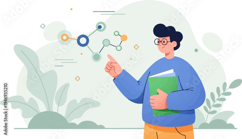 Scientist pointing to molecular structure, holding books, with abstract plants