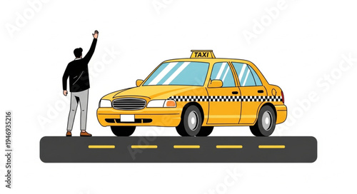 Man Hailing Yellow Taxi Cab.