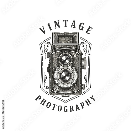 Vintage Photography Camera Illustration in a Decorative Shield Frame