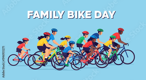 Family Bike Day: Joyful Illustration of a Group Cycling Together on a Sunny Day
