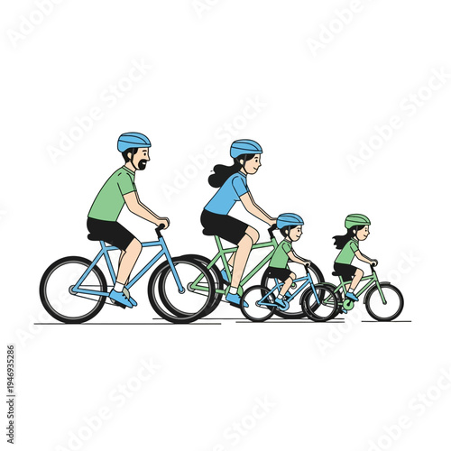 Family Cycling Adventure: Vector Illustration Of Parents And Children Enjoying Bicycles Together