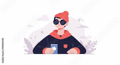 Modern person with beanie, sunglasses, and hoodie holds a phone with cloud icon