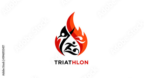 Fiery Triathlon Logo Displaying Dynamic Athletes With Burning Passion for Competition