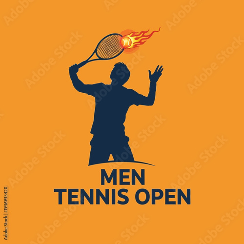 Fiery Serve Emblem: Men's Tennis Open Championship Illustration for Branding Designs