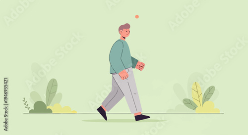 A person walks through a minimalist landscape with stylized plants