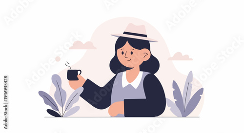 A person in a hat holding a coffee cup amidst stylized plants and clouds