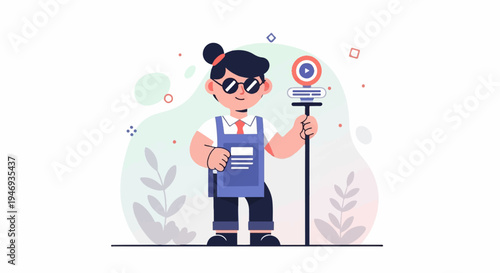 Cheerful person in sunglasses, holding a camera on a stick, with playful abstract shapes in background