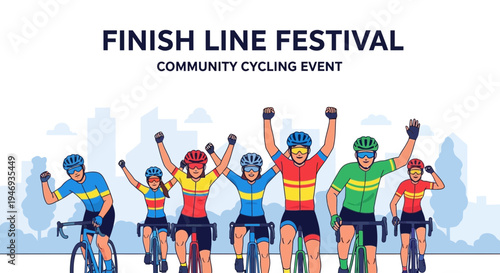 Finish Line Festival Community Cycling Event: Cyclists Celebrate Victory and Teamwork