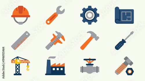 Engineering and Construction Tools Icons Set Solid Flat Vector Illustration