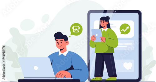 People collaborating on digital devices with abstract organic shapes and leaves in background