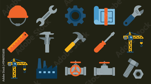Engineering and Construction Tools Icons Set Solid Flat Vector Illustration
