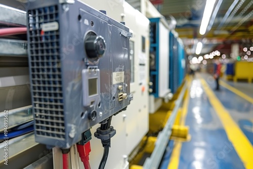 Wallpaper Mural Industrial control panel mounted on machinery in a factory setting with cables and equipment in a brightly lit production environment. Torontodigital.ca