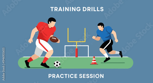 Football Training Illustration: Dynamic Athletes Engaging in Practice Session on the Field
