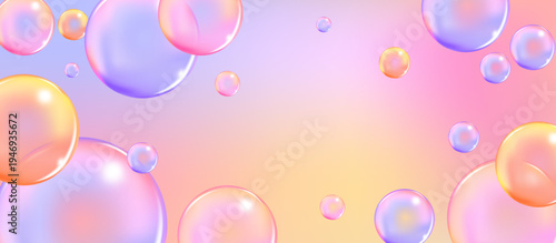 Pink collagen serum or soap bubbles, 3D realistic vector set. 