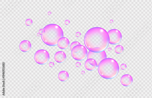 Transparent spheres with cosmetic skincare essence, vitamin or moisture drops, and glossy bubble gum balls.