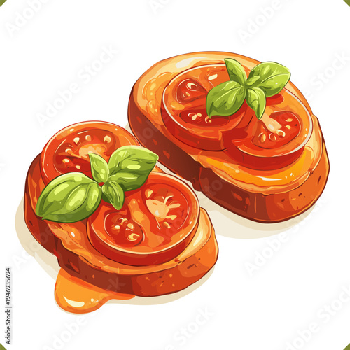 Vector illustration of tomato bruschetta with basil leaves on toasted bread, isolated on a white background