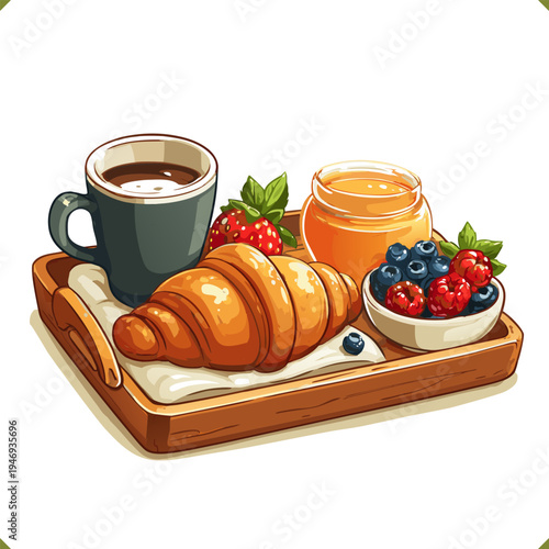 Vector breakfast tray with croissant, cup of coffee and fresh berries, cozy morning meal isolated on a white background