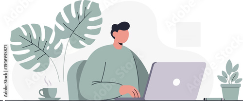 Person working on laptop at desk with plants and coffee