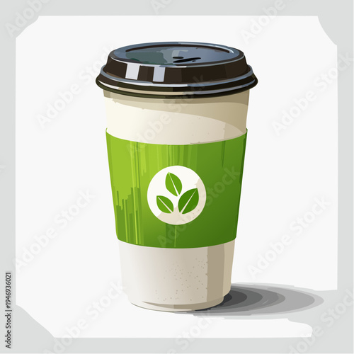 Stylish illustrated disposable coffee cup with an environmentally friendly green sleeve and organic leaf symbol