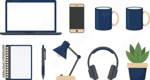 Essential desktop tech productivity items with slim laptop smartphone notebook task lamp over-ear headphones office plant in navy blue charcoal light birch for office lifestyle design