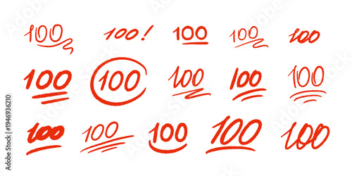 Red pen mark. Hundred points symbol. Grade 100 on school exam sheet, education paper check icon or perfect test score result. Vector hand drawn texture set