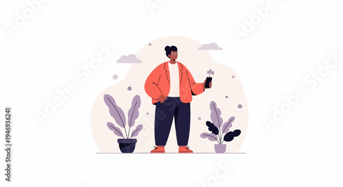 Person in orange jacket holds phone with plant, surrounded by potted plants and clouds