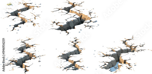 Vector graphic holes with cracked edges, set against a white background. Crack-like lines, creating a visual effect of impact or rupture	