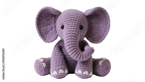 Isolated cute purple crocheted elephant stuffed animal toy, soft plushie for children