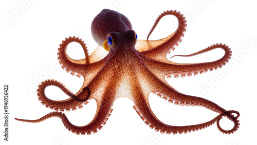 Isolated vibrant reddish-brown octopus with bright blue eyes and spread tentacles underwater