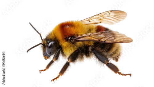 Isolated fuzzy bumblebee, a vibrant insect captured in detail, a beneficial pollinator