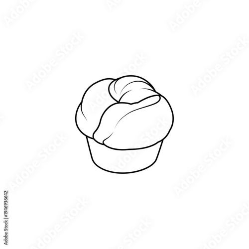 Minimal line art illustration of sweet bun or brioche isolated on white background. Bakery pastry outline drawing for food packaging, bakery branding, menu design and baking concepts.