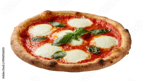 Photos Isolated delicious Neapolitan Margherita pizza with fresh basil leaves and melte