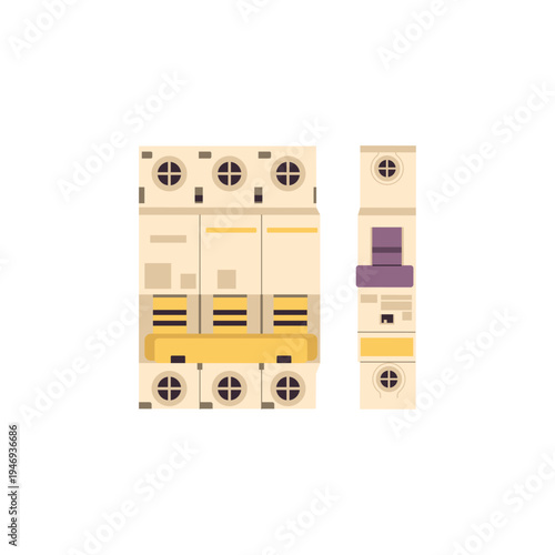 Electrical circuit breaker panel illustration with fuse box and power distribution modules. Flat vector design for electricity systems, electrical engineering, maintenance and home power control conce