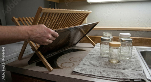 Hand lifting wooden drying rack over water rings beside glass jars
