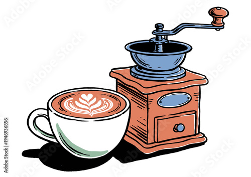 Vintage manual coffee grinder illustration. Delicious cappuccino with latte art. Retro wooden mill hand drawn style. Artisanal coffee brewing.