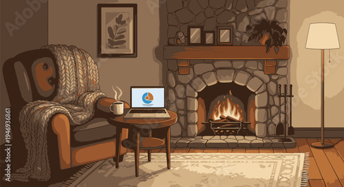 Cozy Living Room with Fireplace and Laptop.