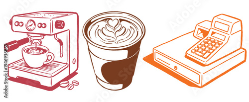 Coffee shop business icons. Espresso machine line art. Latte art takeaway cup. Cash register POS terminal. Barista equipment sketch. Cafe menu.