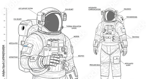 Astronaut Space Suit Technical Illustration Diagram.