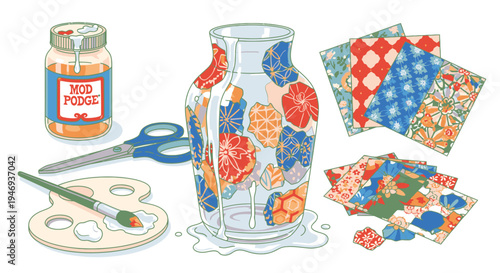Decoupage Art Supplies and Decorated Glass Vase.