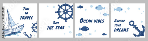 Set of 4 square marine banners with ship, anchor, helm, fish and nautical quotes. Perfect for summer ocean events, cruise celebrations, seaside parties or vacation greetings.