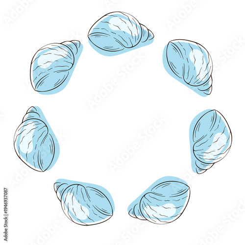Seashell wreath in flat style. Summer undersea shell design for seafood market, restaurant, shop, logo isolated on a white background.