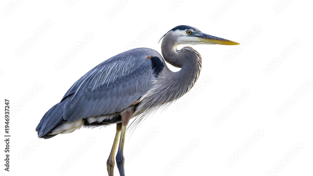 Fototapeta premium Isolated Great Blue Heron, magnificent waterfowl bird, standing in profile with long beak and neck